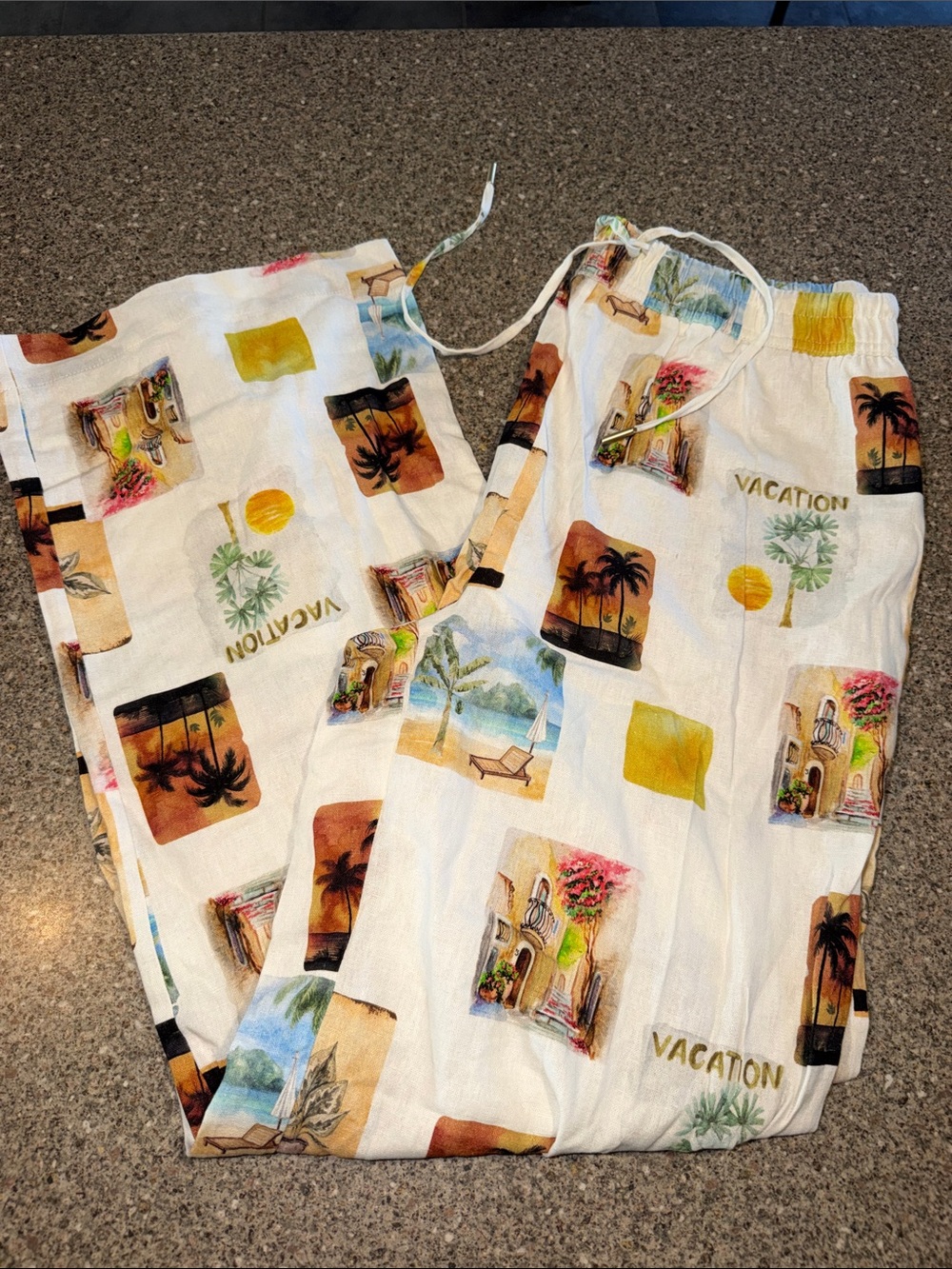 C&C California Linen Blend Vacation-Print Drawstring Pants